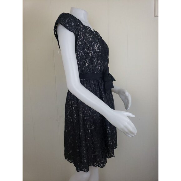 Elle New Years Eve Dress Womens Sz 4 Black Shimmer Lace Overlay Party Belted - Picture 7 of 11